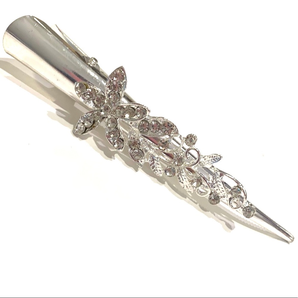 Updo Alligator Hair Clip Silver Tone Clear Flower